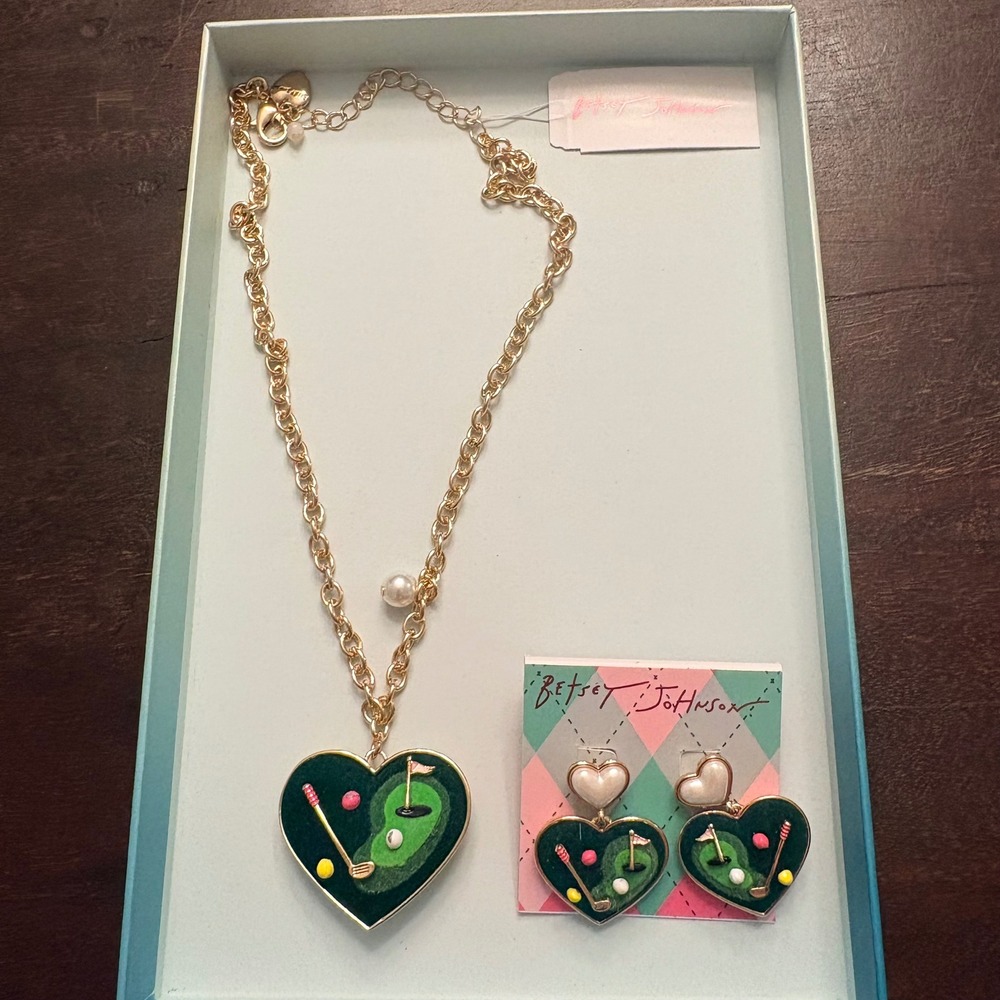 Betsey Johnson Golf Charm Necklace Earrings Set Green Pink Gold Dopamine NWT